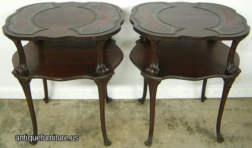 Antique Pair Ornate Mahogany Leather Top Lamp Tables