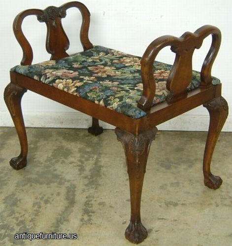 Antique Ornate Flame Mahogany Ball Claw Vanity Bench