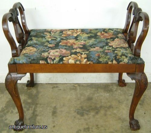 Antique Ornate Flame Mahogany Ball Claw Vanity Bench