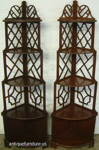 Antique Pair Mahogany Mirrored Curio Shelves