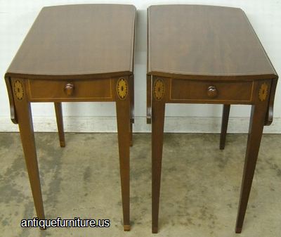 Antique Pair Inlaid Mahogany Kittinger Drop Leaf Lamp Tables Back