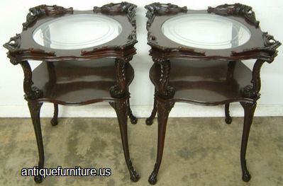 Antique Pair Ornate Mahogany Lamp Tables