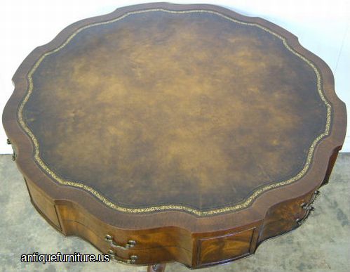 Antique Flame Mahogany Drum Table Leather Top