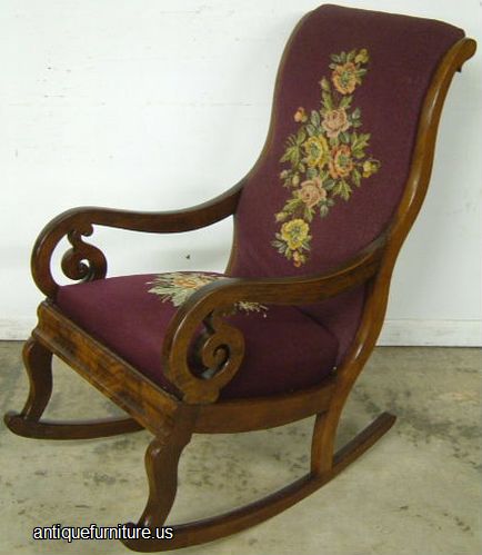 Antique Empire Flame Mahogany Needlepoint Rocker at AntiqueFurniture.US