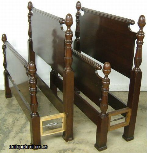 Antique Pair Mahogany Acorn Poster Twin Beds