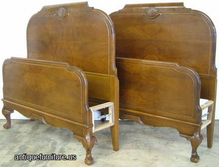 Antique Pair French Burl Walnut Twin Beds