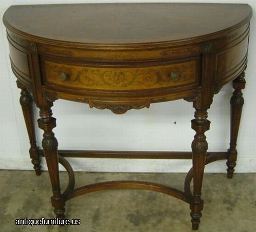 Antique Walnut Inlaid Demilune Console Table