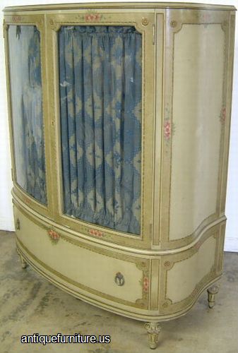 Antique Paint Decorated Chest Curved Glass Doors