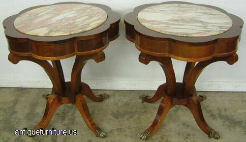 Antique Pair Mahogany Marble Top Lamp Tables