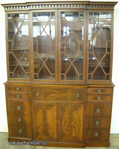 Antique Maddox Flame Mahogany Flat Glass Breakfront With Desk