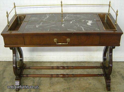 Antique Mahogany Lyre Base Console Table With Brass Gallery