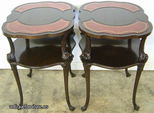 Antique Pair Mahogany Leather Top Lamp Tables
