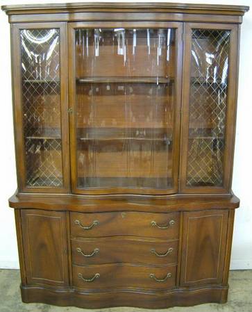 Antique Mahogany China Cabinet With Serpentine Glass And Drawers