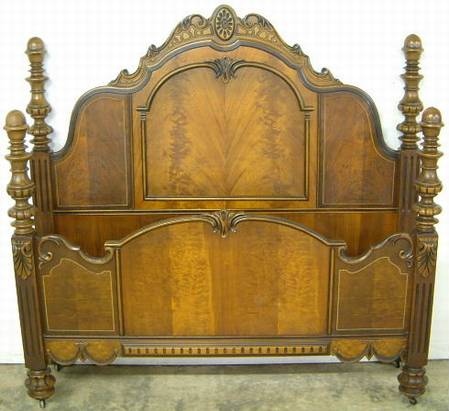 Antique Ornate Burl Walnut Poster Bed