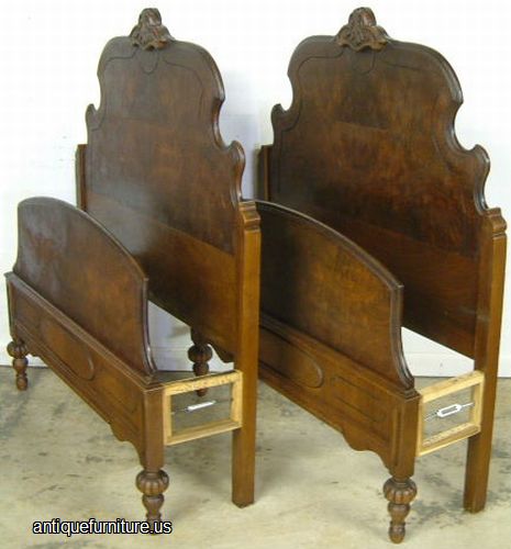 Antique Pair Burl Walnut Twin Beds