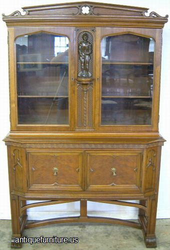 Antique Burl Walnut China Cabinet With Figural Carving
