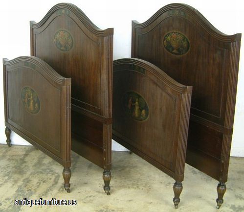 Antique Pair Ribbon Mahogany Paint Decorated Twin Beds