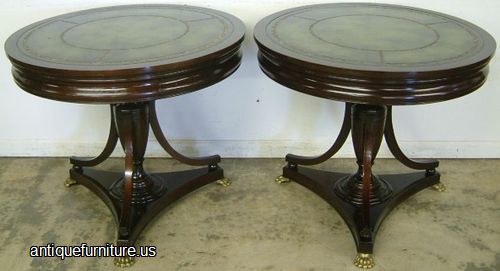 Antique Pair Mahogany Leather Top Drum Tables