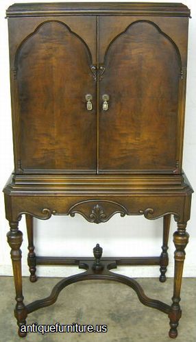 Antique Burl Walnut Double Arched Door Radio Cabinet