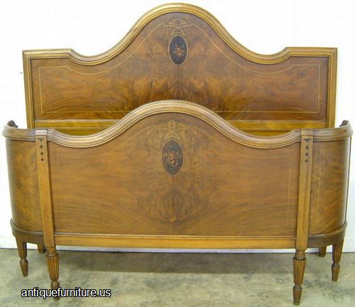 Antique Burl Walnut Full Size Bed With Curved Footboard