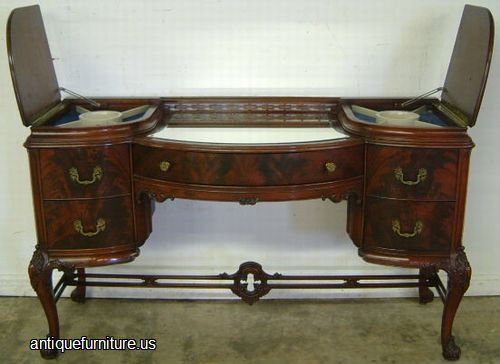 Antique Flame Mahogany Vanity With Stretcher Base And Lids Raised