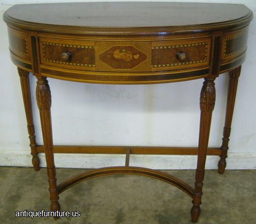 Antique Inlaid Burl Walnur Demilune Console Table