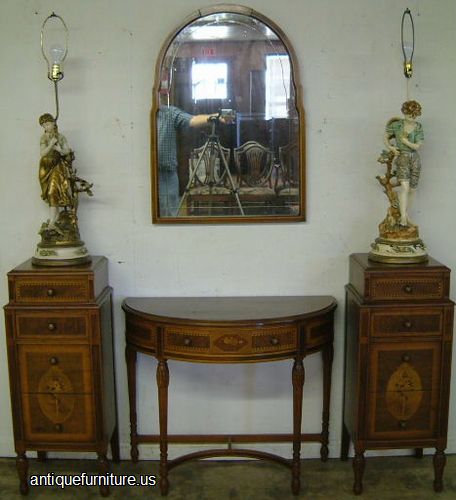Antique Inlaid Burl Walnut Demilune Console Table With Matching Commodes And Mirror