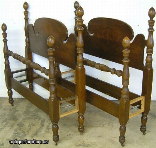 Antique Pair Burl Walnut Poster Twin Beds