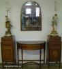  Inlaid Burl Walnut Demilune Console Table With Matching Commodes And Mirror 